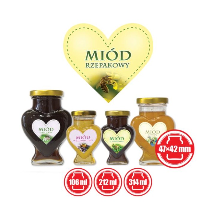 Paczka etykiet serduszek na miód rzepakowy 47mm x 42mm (50szt) - wzór ES6