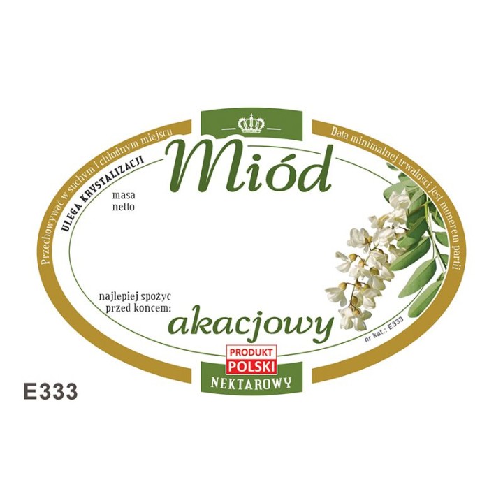 Paczka etykiet owalnych na miód akacjowy (100szt) - wzór E333