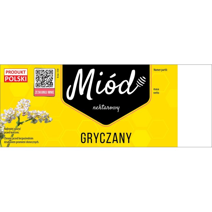 Paczka dużych etykiet na miód gryczany (100szt) ŻÓŁTE Z KODEM QR - wzór E180