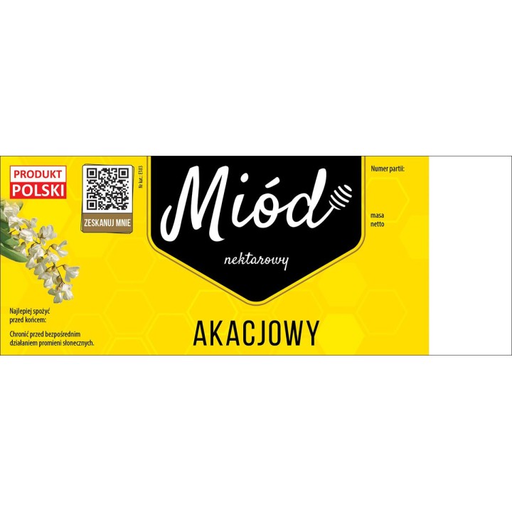 Paczka dużych etykiet na miód akacjowy (100szt) ŻÓŁTE Z KODEM QR - wzór E183