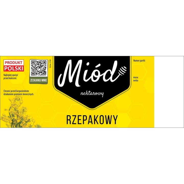Paczka dużych etykiet na miód rzepakowy (100szt) ŻÓŁTE Z KODEM QR - wzór E184