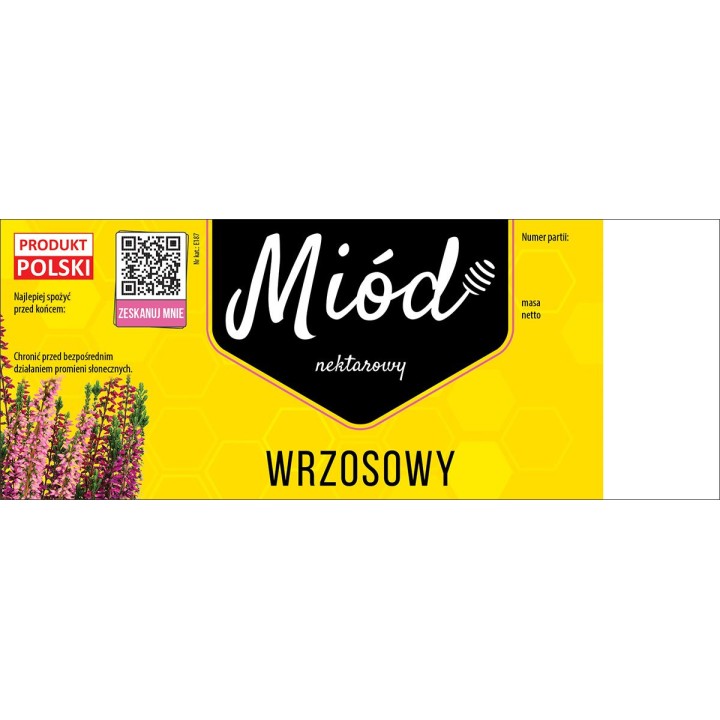 Paczka dużych etykiet na miód wrzosowy (100szt) ŻÓŁTE Z KODEM QR- wzór E187
