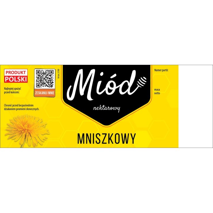 Paczka dużych etykiet na miód mniszkowy (100szt) ŻÓŁTE Z KODEM QR - wzór E188