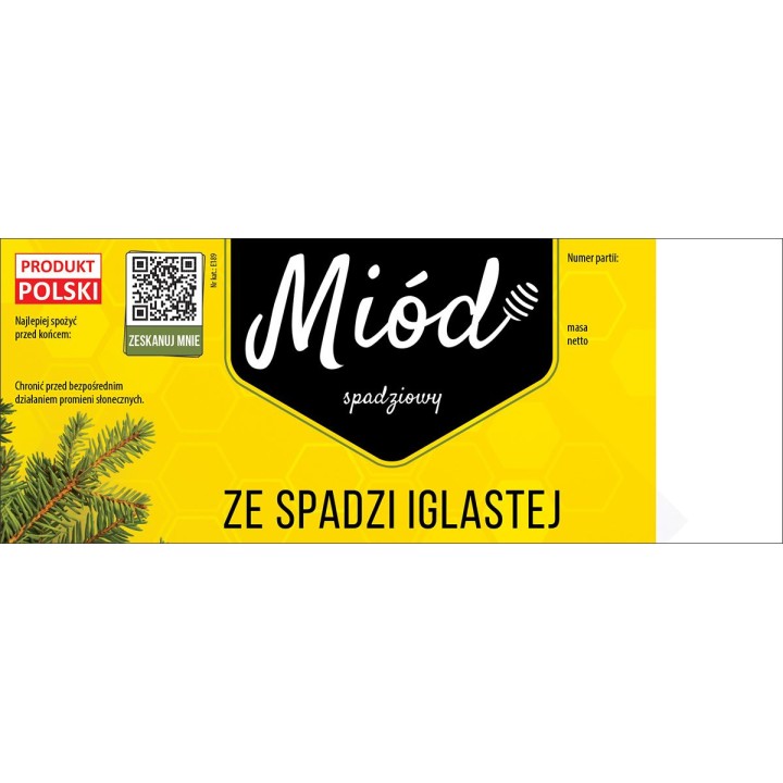 Paczka dużych etykiet na miód spadziowy ze spadzi iglastej (100szt) ŻÓŁTE Z KODEM QR - wzór E189