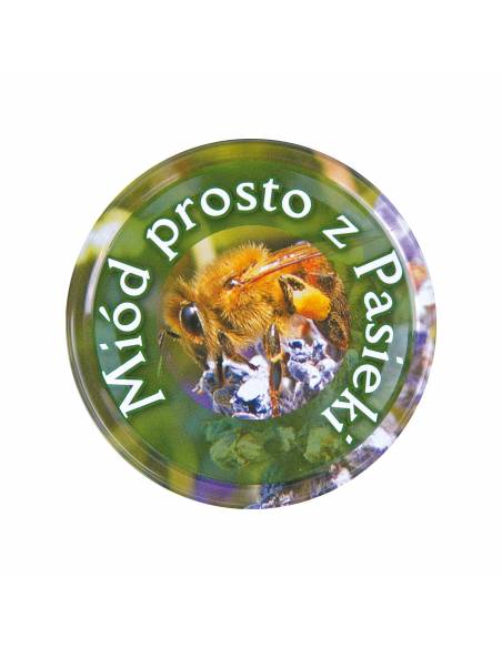 Paczka DUŻYCH nakrętek na słoiki z miodem (50szt) - wzór ND5 z napisem miód prosto z Pasieki