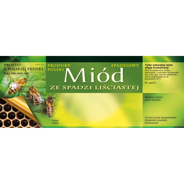 Paczka dużych etykiet na miód ze spadzi liściastej- wzór E123