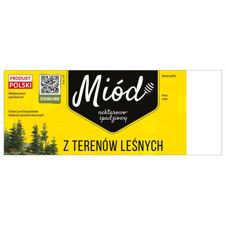Paczka dużych etykiet na miód z terenów leśnych (100szt) ŻÓŁTE Z KODEM QR - wzór E195