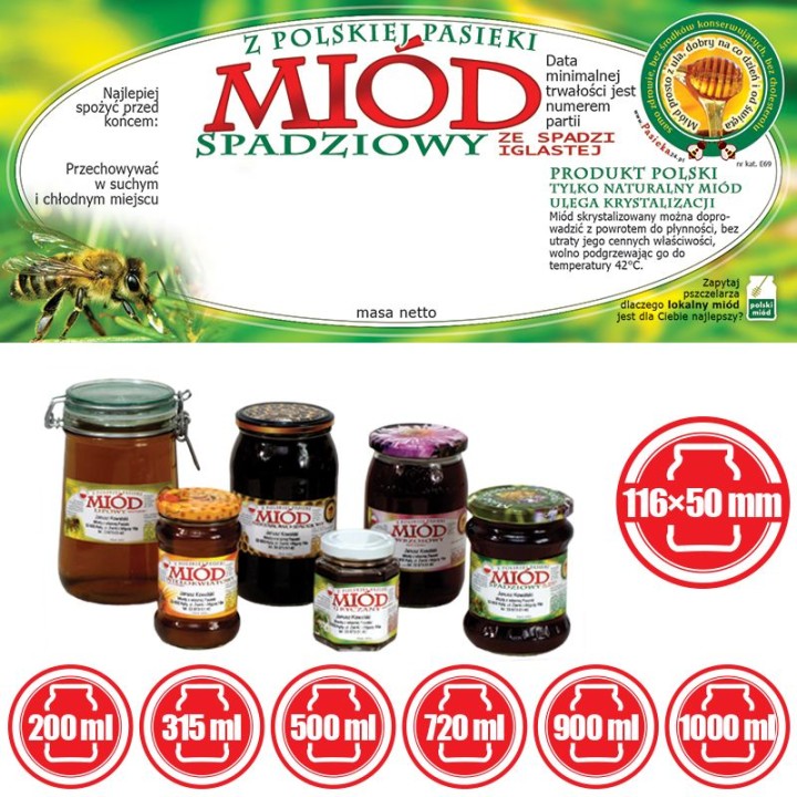 Paczka etykiet na miód ze spadzi iglastej (100szt) - wzór E69