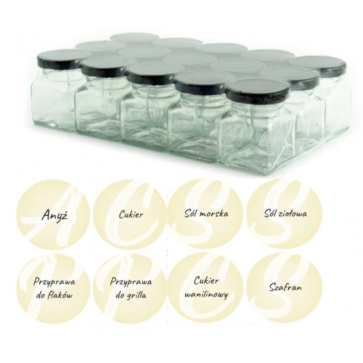 30 sztuk słoik 120ml na przyprawy + 140szt naklejek na folii czarny napis RETRO - A13BZES