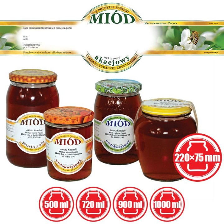 Paczka etykiet małych okrągłych na miód akacjowy (100szt) - wzór E504