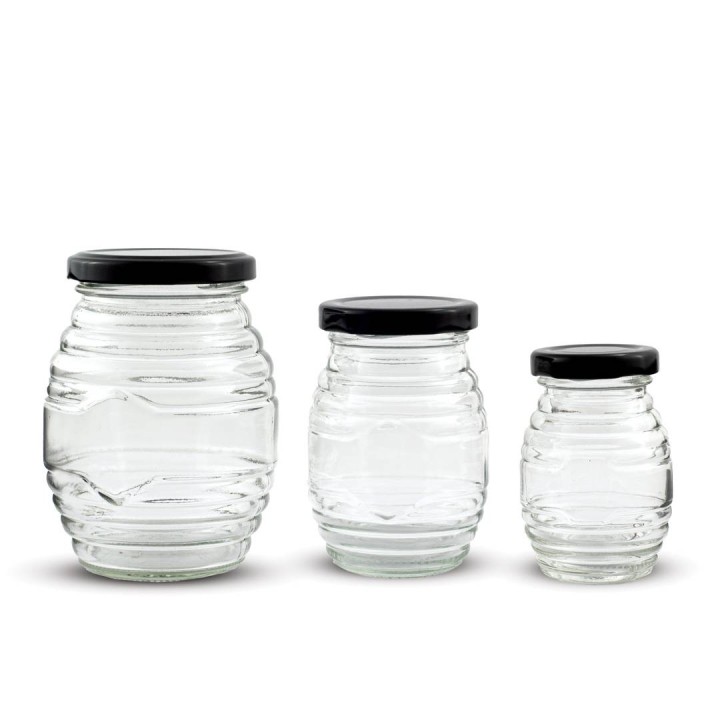 Paczka 6 szt słoiczków w prążki (380 ml) z nakrętkami czarnymi - wzór A86