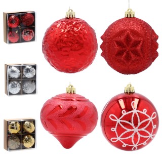 KOMPLET 4 BOMBEK NA CHOINKĘ 10 CM CZERWONE/ZŁOTE/SREBRNE