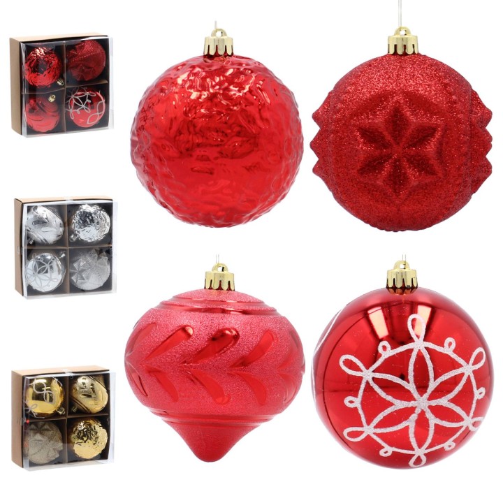 KOMPLET 4 BOMBEK NA CHOINKĘ 10 CM CZERWONE/ZŁOTE/SREBRNE
